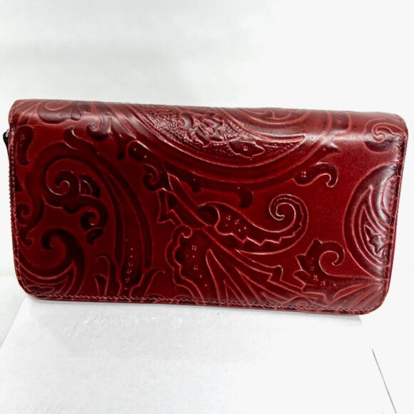 Unique Retro Leather Vintage Etro Women Burgendy Brown Wallet Full Zip 9x4" (10) - Picture 9 of 9